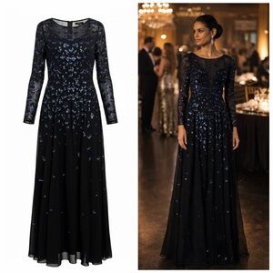 Temperley London Celestial Sequin Evening Gown Black Blue Sheer Sleeve US 6 NWOT